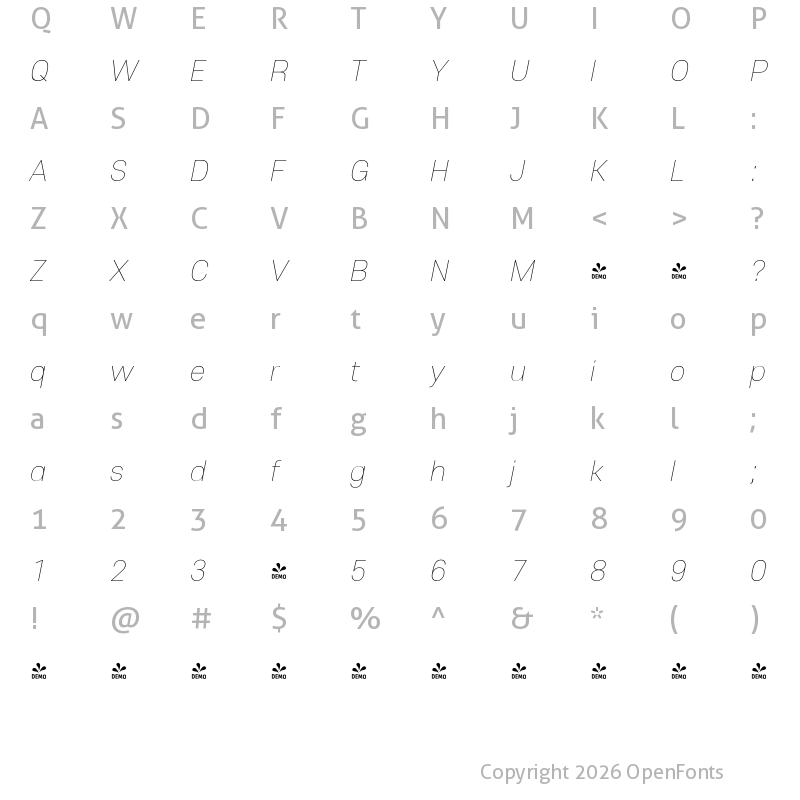 Character Map of FONTSPRING DEMO - Core Sans E 15 Thin Italic