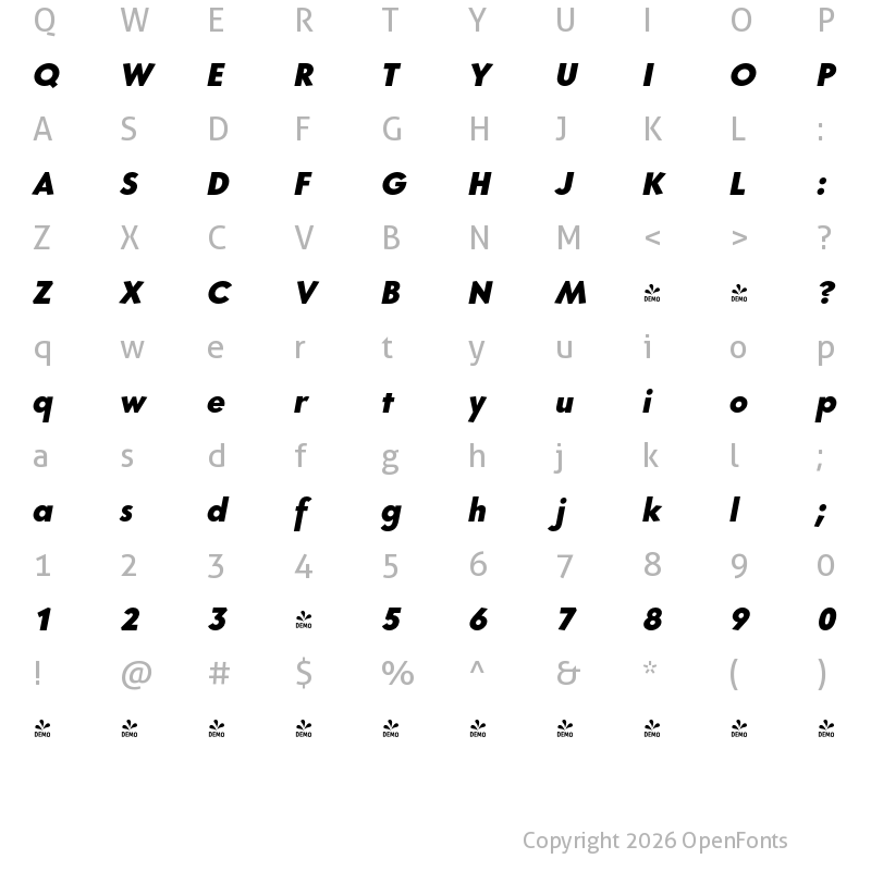 Character Map of FONTSPRING DEMO - Core Sans G 85 Heavy Italic