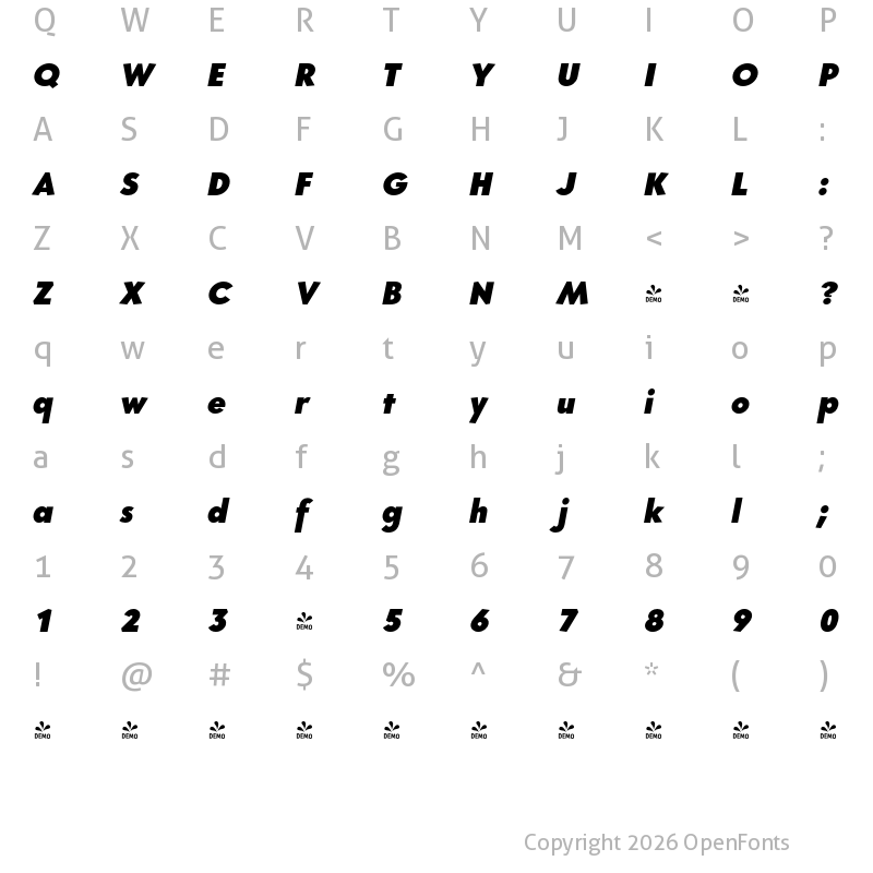 Character Map of FONTSPRING DEMO - Core Sans G 95 Black Italic