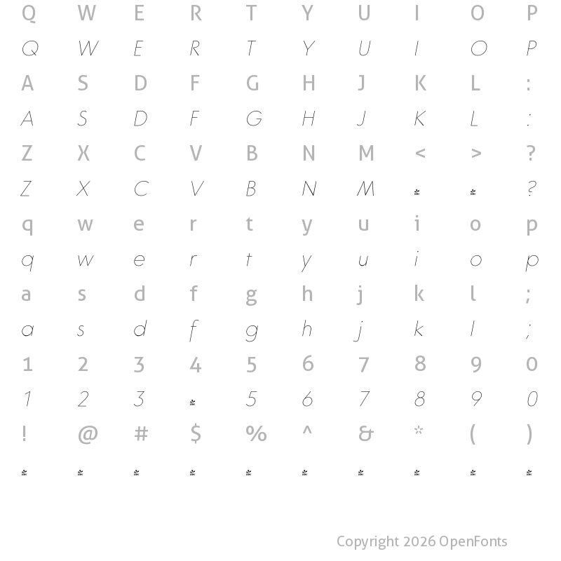 Character Map of FONTSPRING DEMO - Core Sans GS 15 Thin Italic