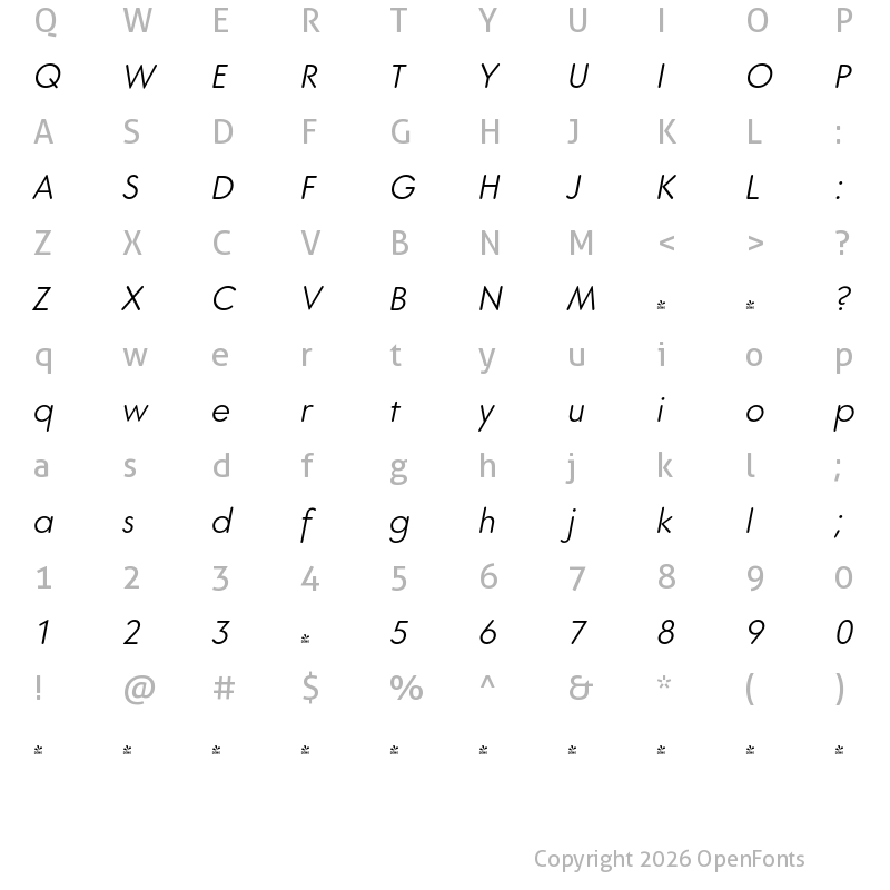 Character Map of FONTSPRING DEMO - Core Sans GS 35 Light Italic