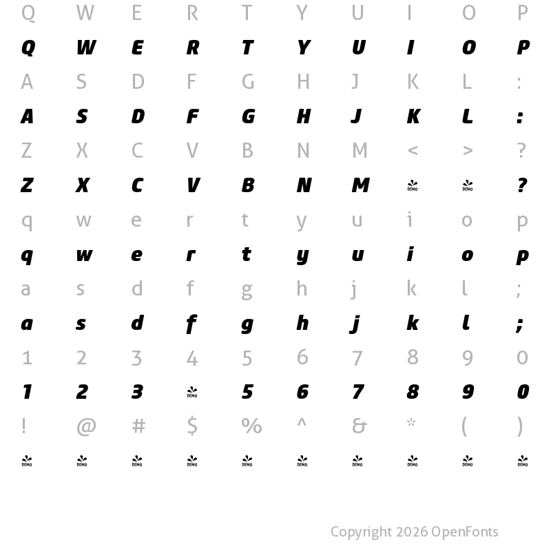 Character Map of FONTSPRING DEMO - Core Sans M 85 Heavy Italic