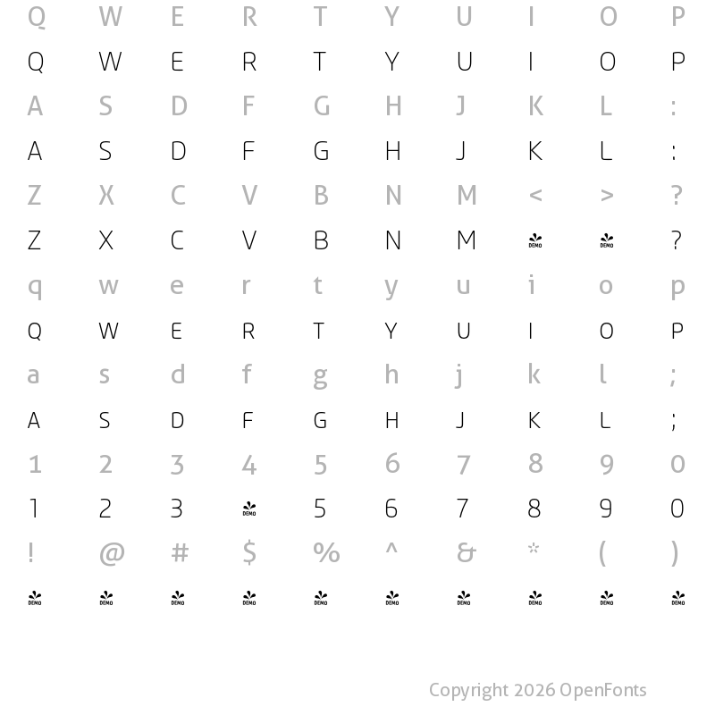 Character Map of FONTSPRING DEMO - Core Sans M SC 25 ExtraLight Regular
