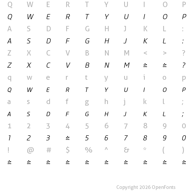 Character Map of FONTSPRING DEMO - Core Sans M SC 35 Light Italic