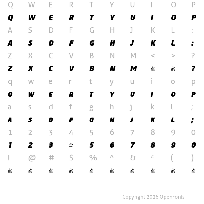 Character Map of FONTSPRING DEMO - Core Sans M SC 85 Heavy Italic