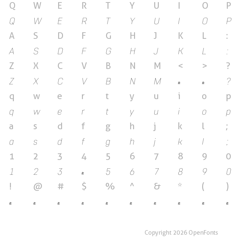 Character Map of FONTSPRING DEMO - Core Sans R 15 Thin Italic