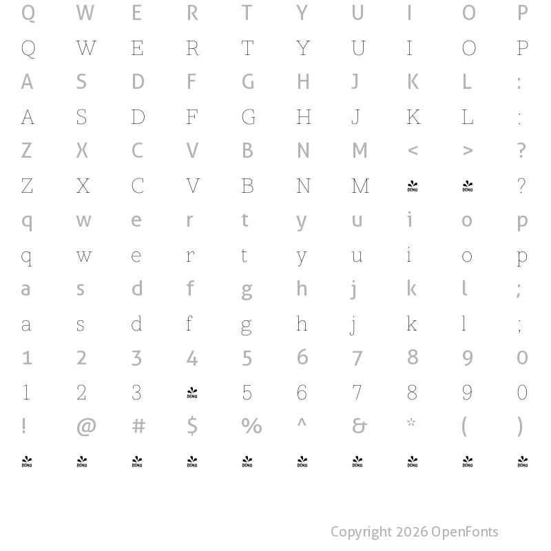 Character Map of FONTSPRING DEMO - Core Serif N 15 Thin Regular