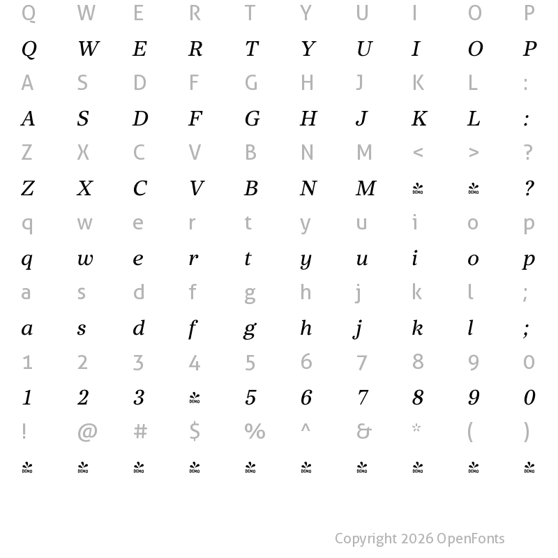 Character Map of FONTSPRING DEMO - Core Serif N 45 Medium Italic
