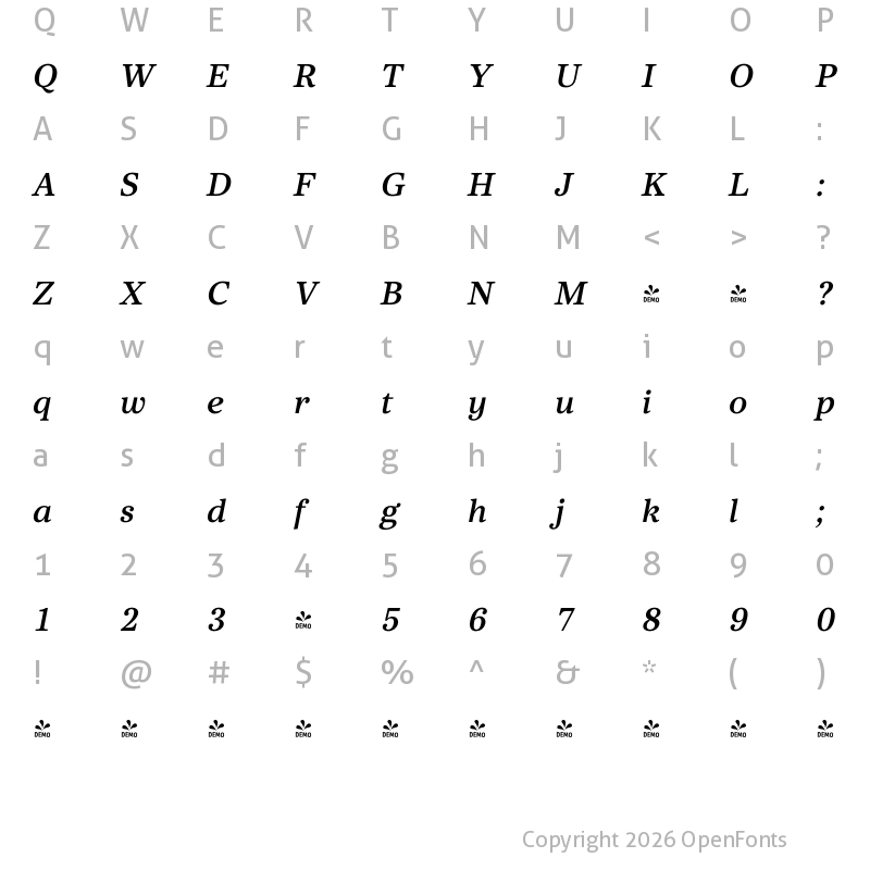 Character Map of FONTSPRING DEMO - Core Serif N 55 Bold Italic