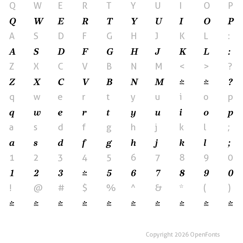 Character Map of FONTSPRING DEMO - Core Serif N 65 Heavy Italic
