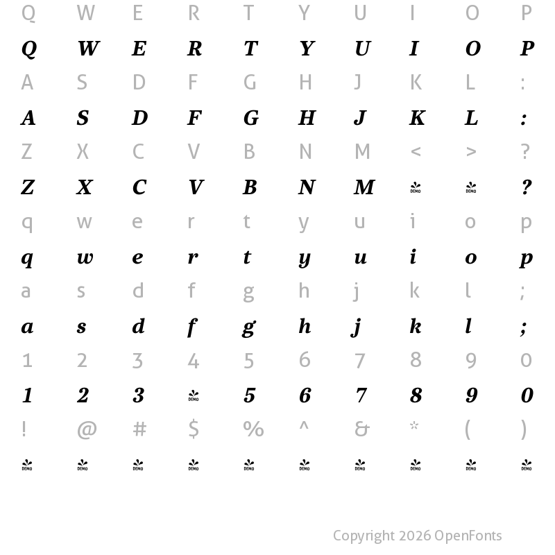 Character Map of FONTSPRING DEMO - Core Serif N 75 Black Italic