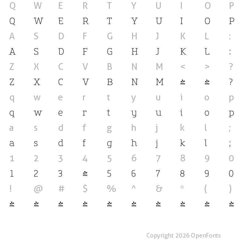 Character Map of FONTSPRING DEMO - Core Slab M 25 ExtraLight Regular