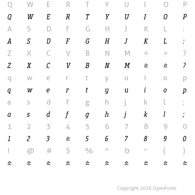 Character Map of FONTSPRING DEMO - Core Slab M 47 Cn Regular Italic