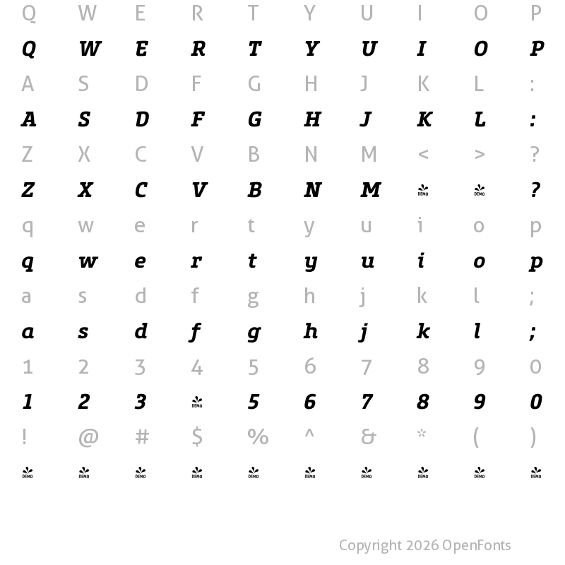 Character Map of FONTSPRING DEMO - Core Slab M 65 Bold Italic