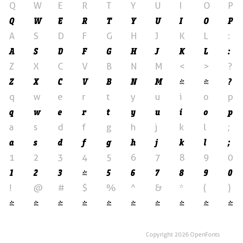Character Map of FONTSPRING DEMO - Core Slab M 77 Cn ExtraBold Italic