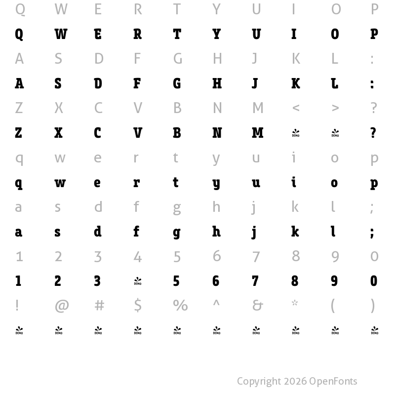 Character Map of FONTSPRING DEMO - Core Slab M 77 Cn ExtraBold Regular