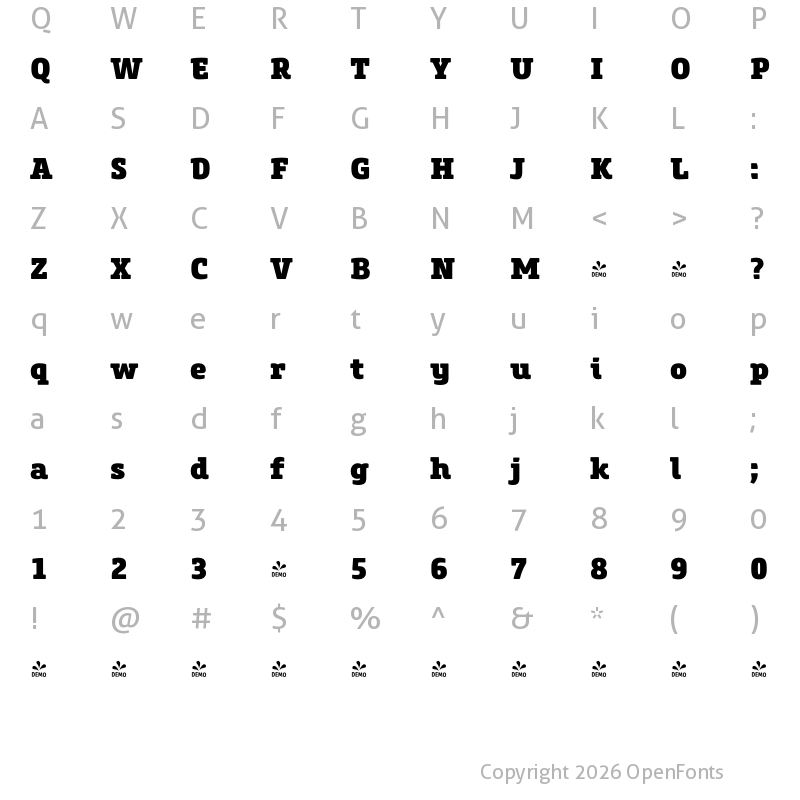 Character Map of FONTSPRING DEMO - Core Slab M 85 Heavy Regular