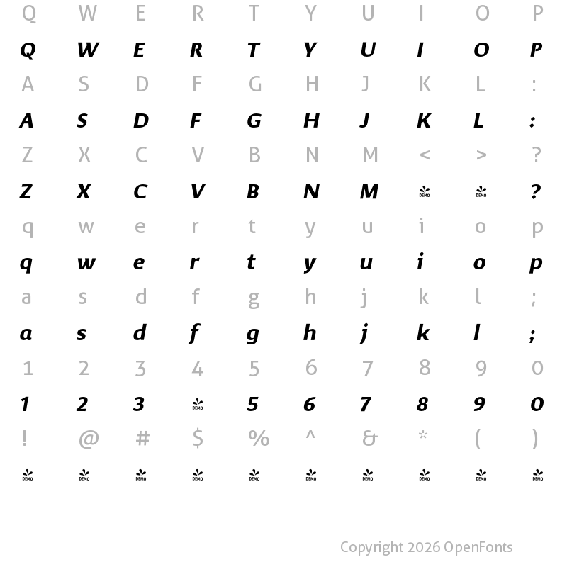 Character Map of FONTSPRING DEMO - Corpo_Sans Bold Italic