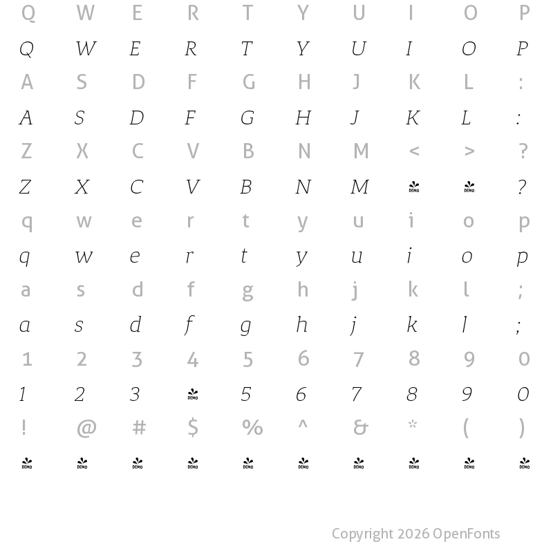Character Map of FONTSPRING DEMO - Corpo_Serif Ultra_Light Italic