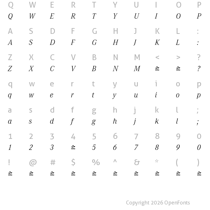 Character Map of FONTSPRING DEMO - Corporate A Light Italic