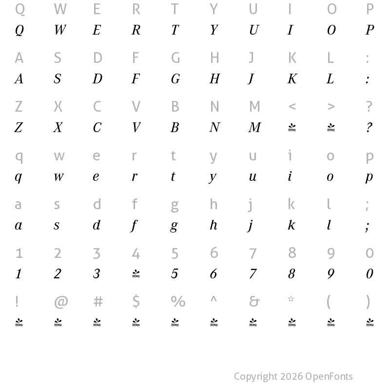 Character Map of FONTSPRING DEMO - Corporate A Medium Italic