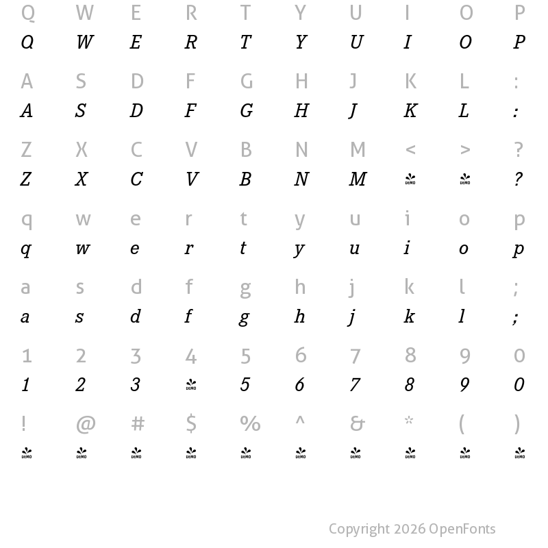 Character Map of FONTSPRING DEMO - Corporate E Medium Italic