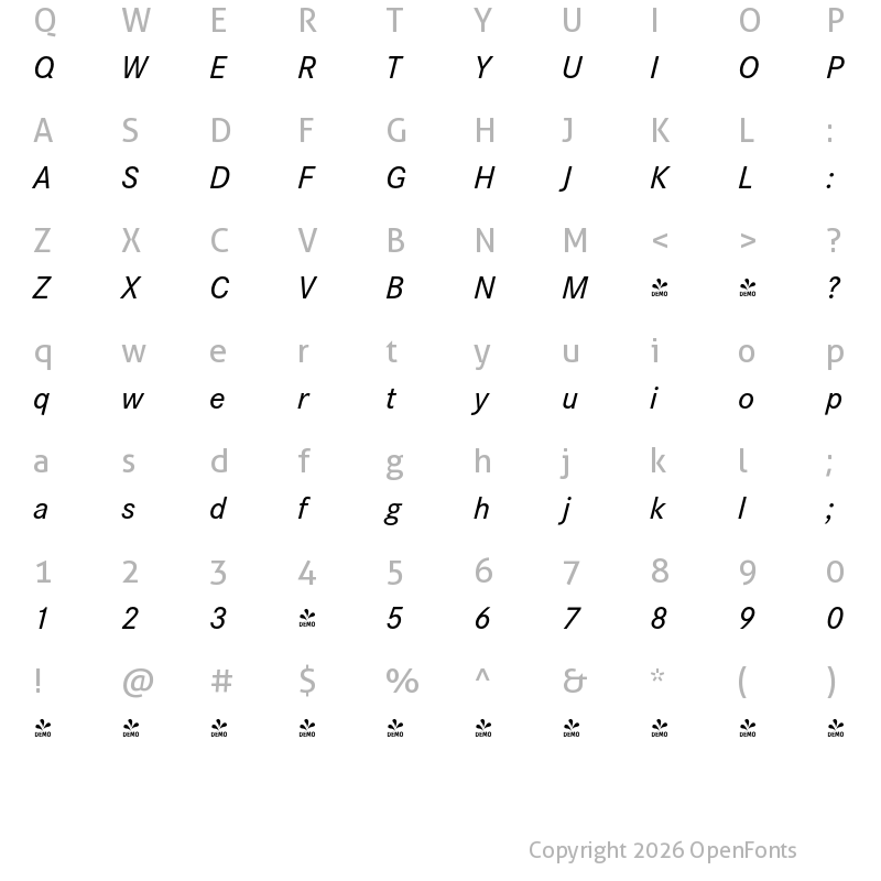 Character Map of FONTSPRING DEMO - Corporate S Medium Italic