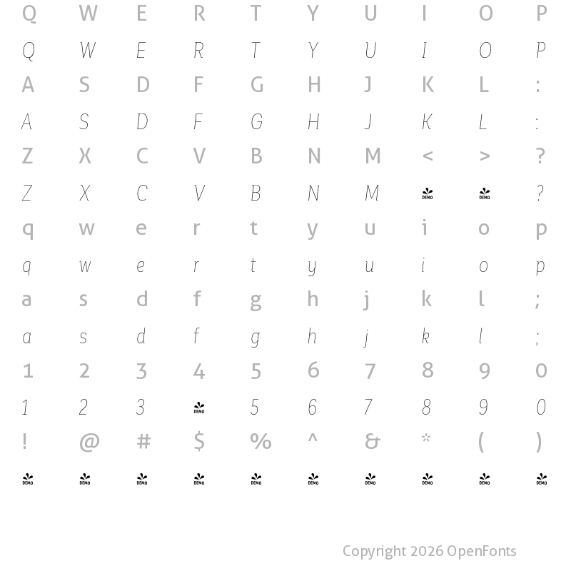 Character Map of FONTSPRING DEMO - Corporative Alt Cnd Hair Italic