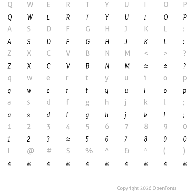 Character Map of FONTSPRING DEMO - Corporative Alt Cnd Italic