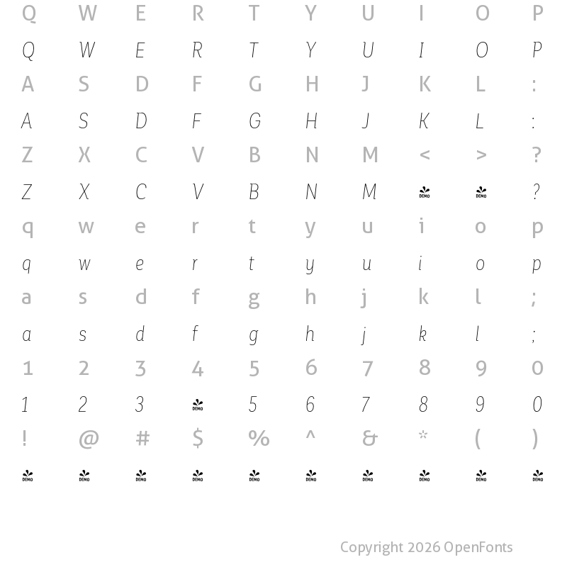 Character Map of FONTSPRING DEMO - Corporative Alt Cnd Thin Italic