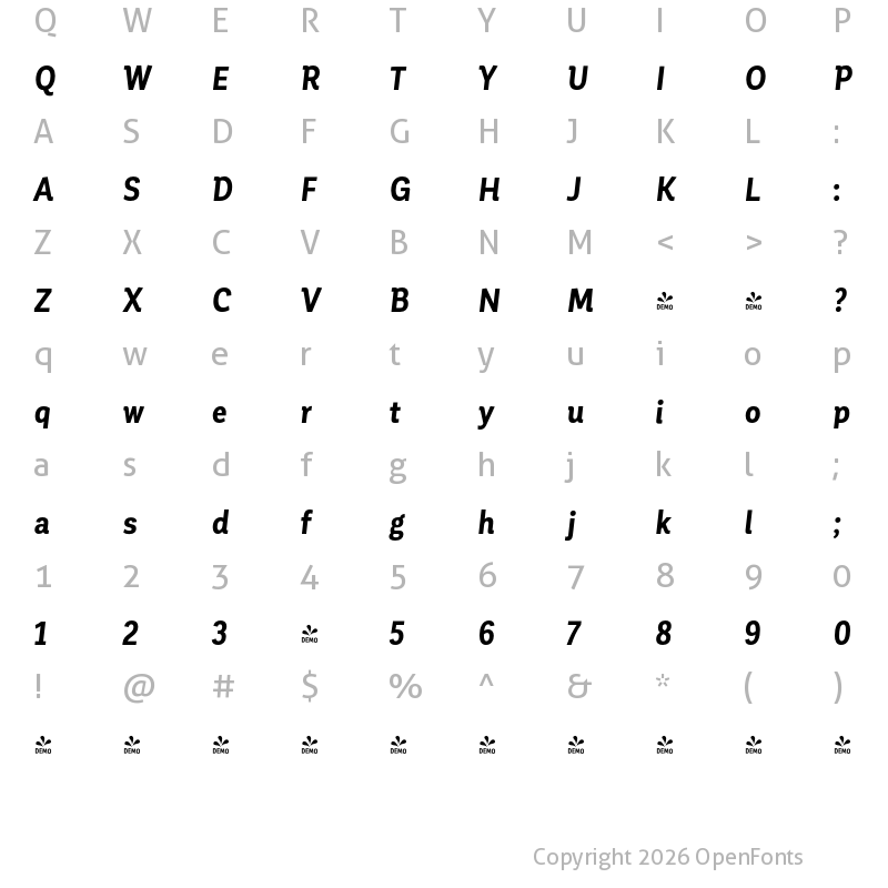 Character Map of FONTSPRING DEMO - Corporative Cnd Bold Italic