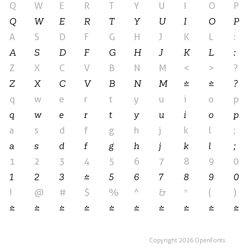 Character Map of FONTSPRING DEMO - Corporative Slab It Regular