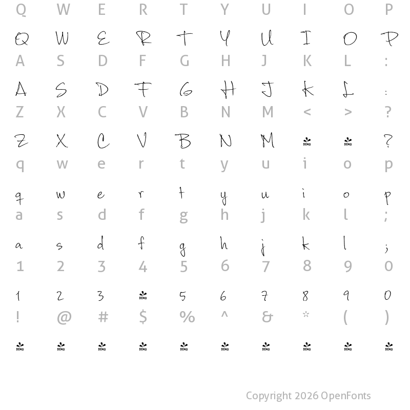 Character Map of FONTSPRING DEMO - Corradine Handwriting Rough Regular