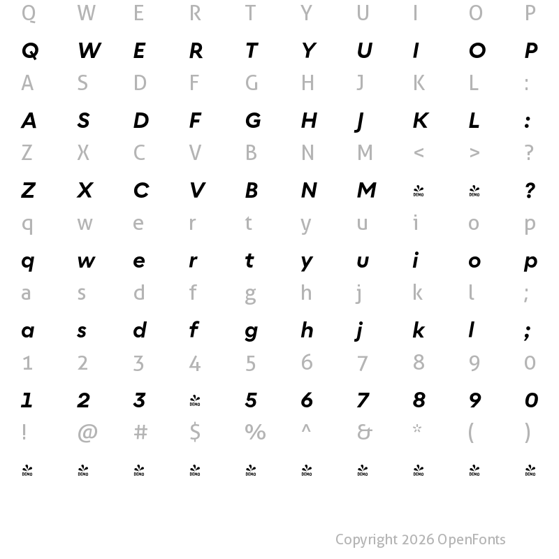 Character Map of FONTSPRING DEMO - Corsa Grotesk Bold Italic