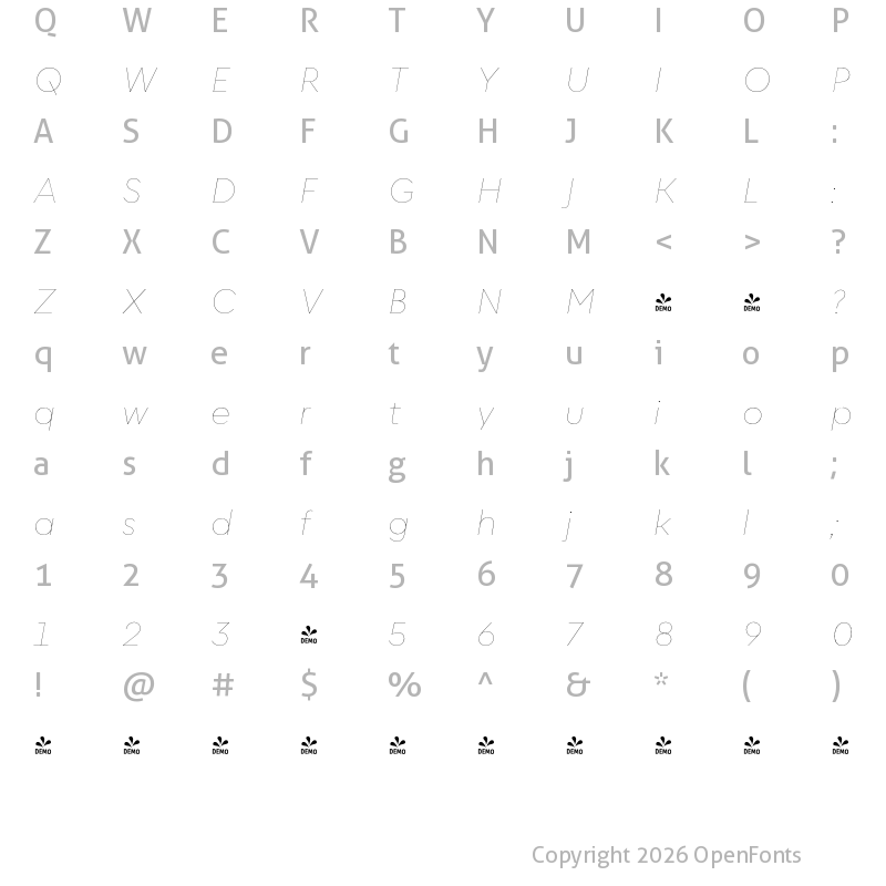 Character Map of FONTSPRING DEMO - Corsa Grotesk Hairline Italic
