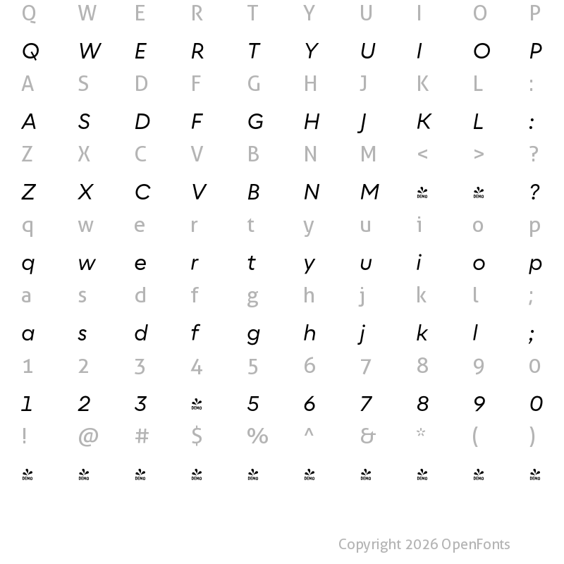 Character Map of FONTSPRING DEMO - Corsa Grotesk Italic Regular