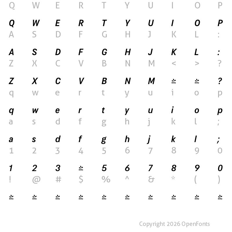 Character Map of FONTSPRING DEMO - Cosima Medium Italic