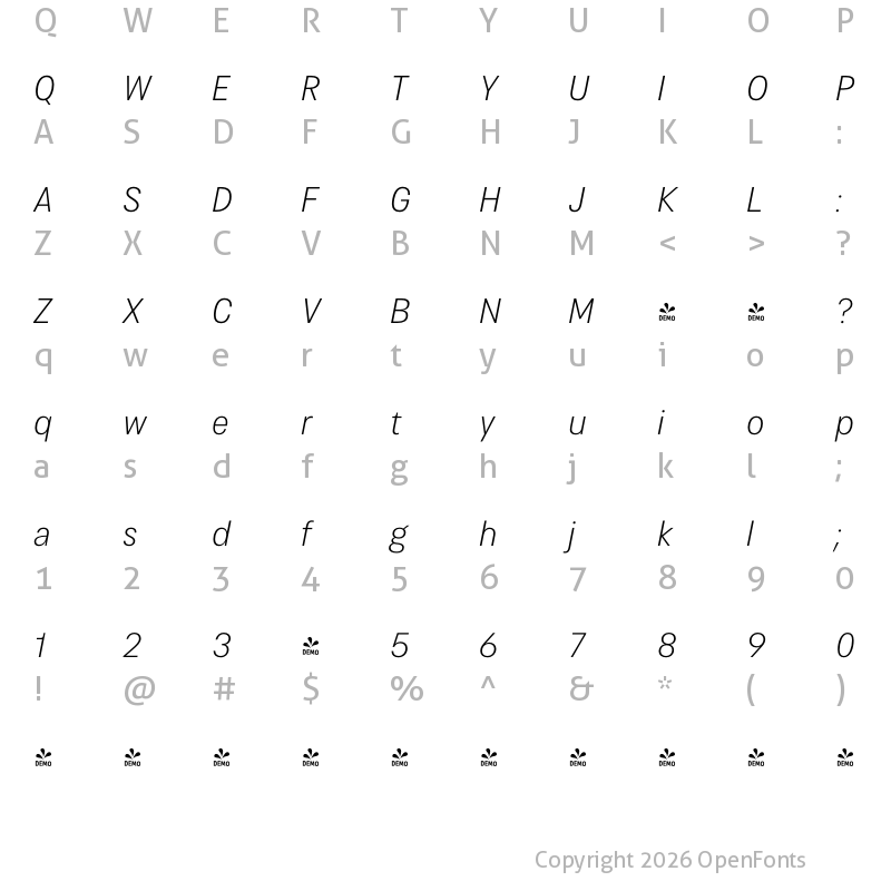 Character Map of FONTSPRING DEMO - Cosima Ultra Light Italic