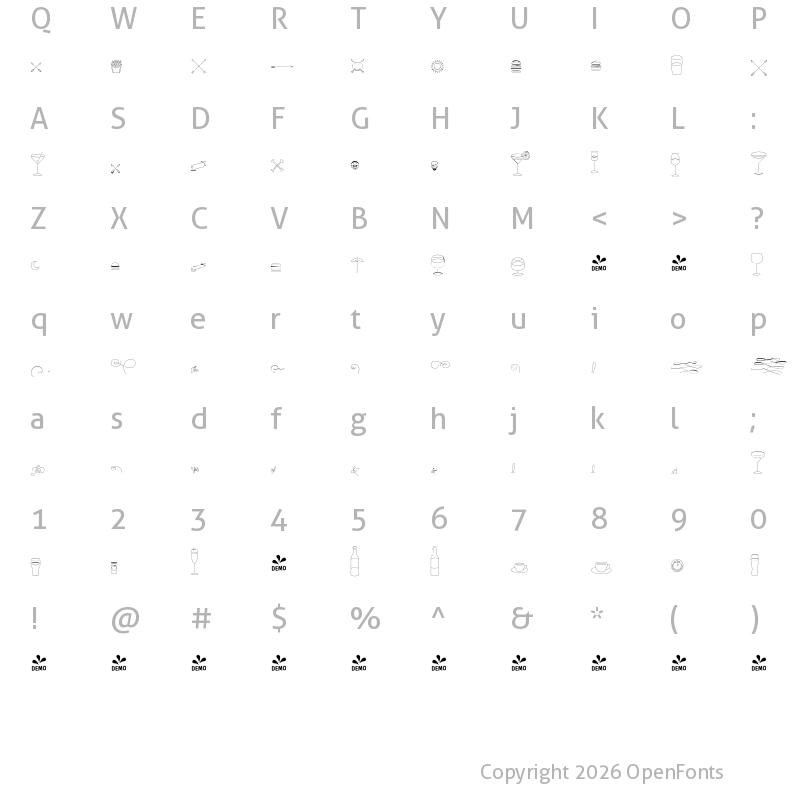 Character Map of FONTSPRING DEMO - Cosmopolitan Extras Thin Regular