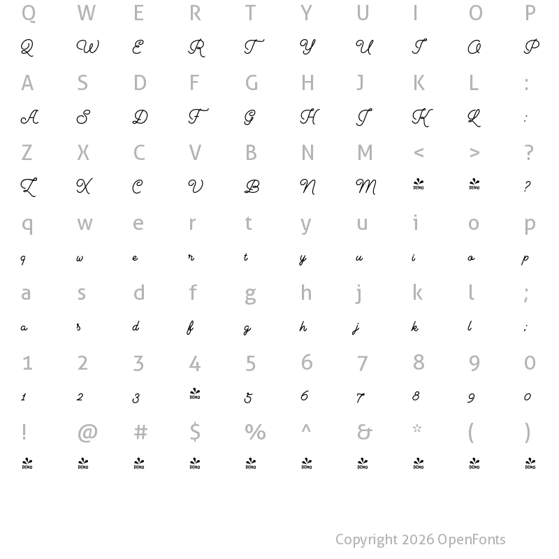 Character Map of FONTSPRING DEMO - Cosmopolitan Script Bold Regular