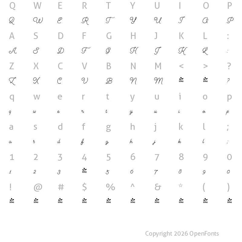 Character Map of FONTSPRING DEMO - Cosmopolitan Script Printed Regular