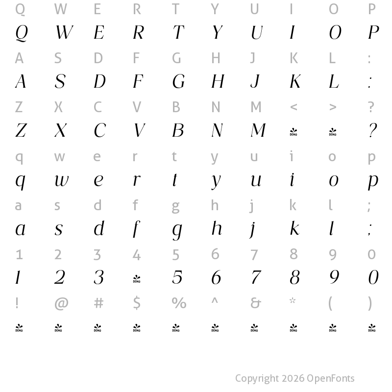 Character Map of FONTSPRING DEMO - Costaline Ita Italic