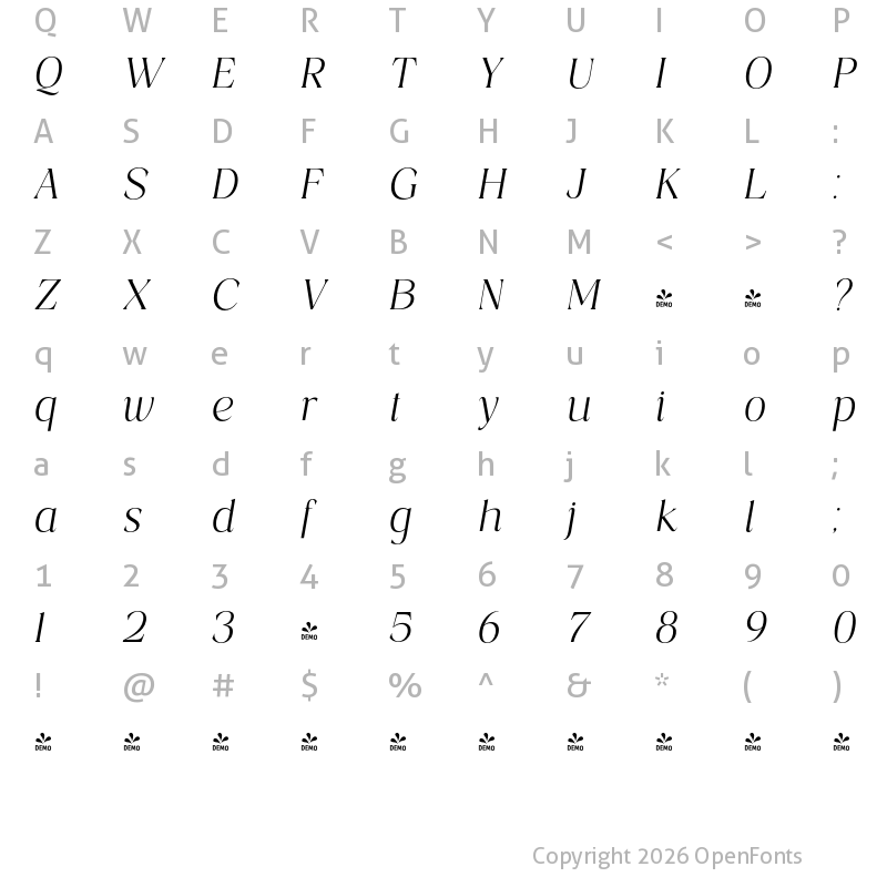 Character Map of FONTSPRING DEMO - Costaline Light Ita Italic