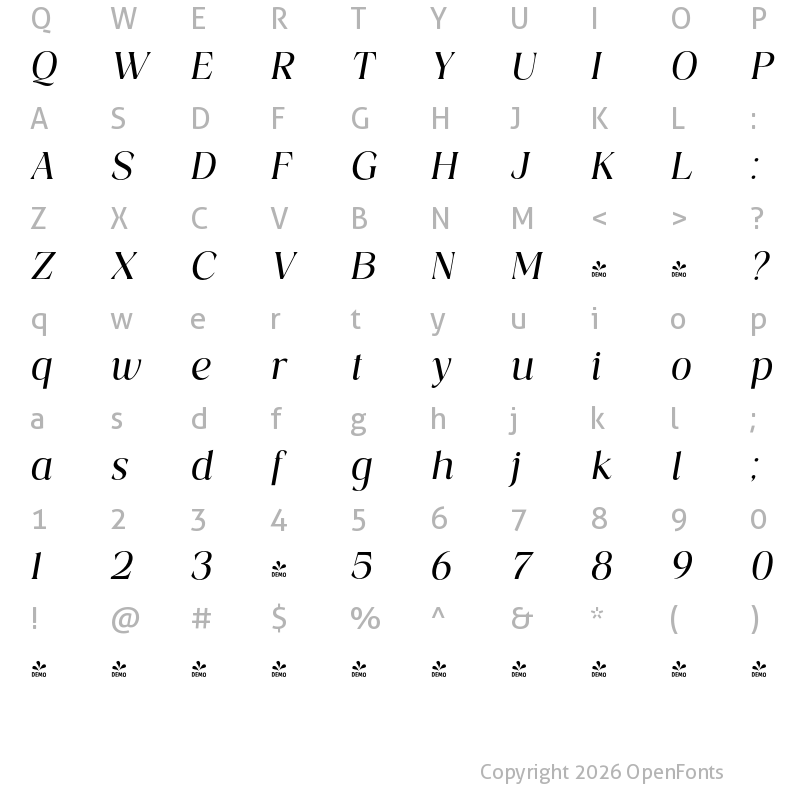 Character Map of FONTSPRING DEMO - Costaline Med Ita Italic