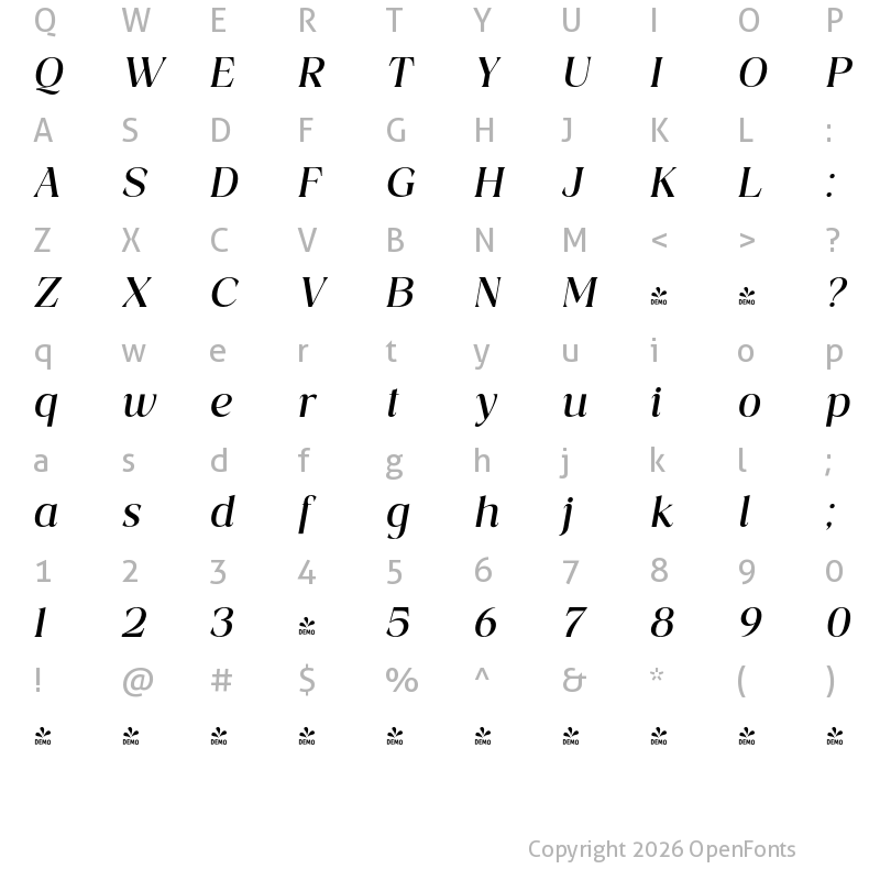 Character Map of FONTSPRING DEMO - Costaline SemBd Ita Italic