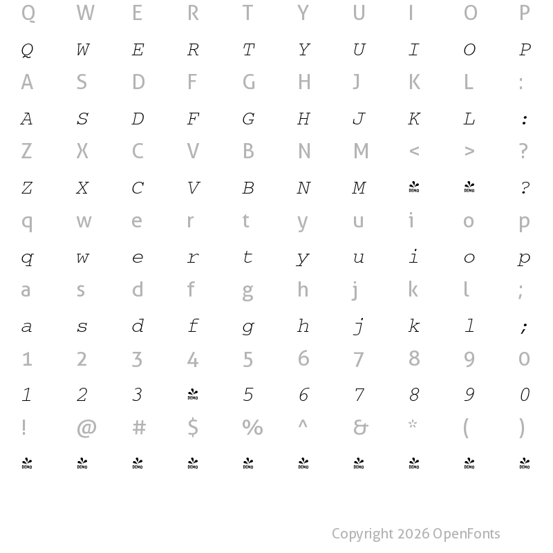 Character Map of FONTSPRING DEMO - Courier Italic