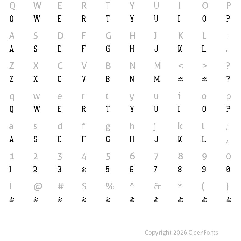 Character Map of FONTSPRING DEMO - CrossRoad Slab Regular
