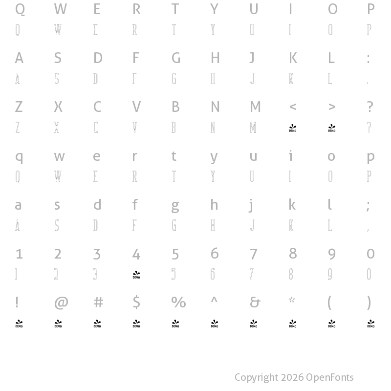 Character Map of FONTSPRING DEMO - CrossRoad SlabLongOutline Regular