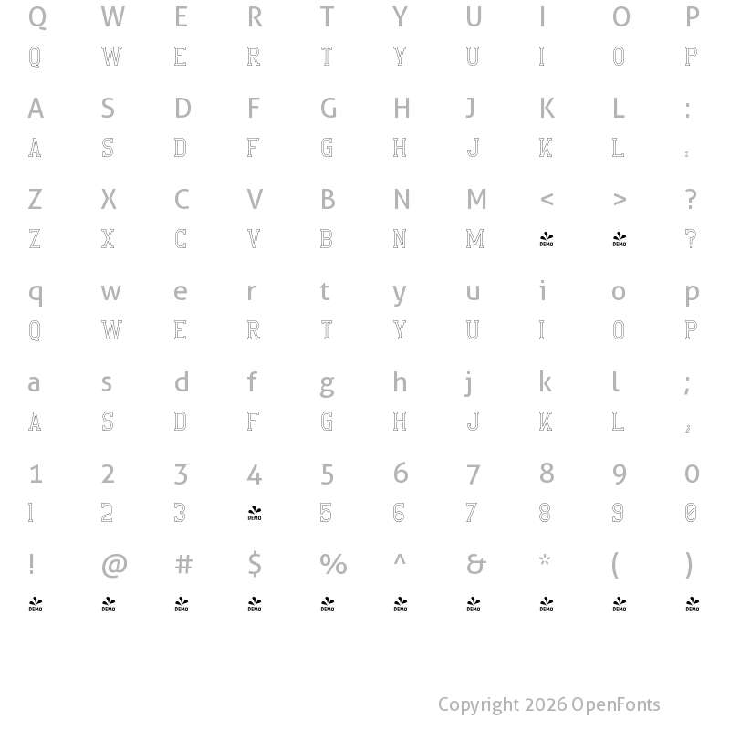 Character Map of FONTSPRING DEMO - CrossRoad SlabOutline Regular