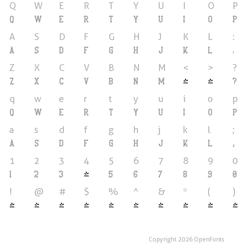 Character Map of FONTSPRING DEMO - CrossRoad SlabOutlineTwo Regular